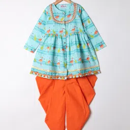 M'andy Cotton Woven Full Sleeves Flamingos Printed & Gota Lace Embellished Dhoti Kurti Set - Blue-picture-25