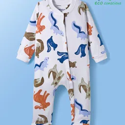 Babyoye 100% Cotton Interlock Knit Full Sleeves Footed Sleepsuit With Animal Print - White-picture-27