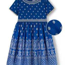 EARTHY TOUCH Viscose Woven Half Sleeves Ethnic Dress With Floral Foil Print - Blue-picture-38