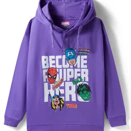 Pine Kids Marvel Terry Knit Drop Shoulder Full Sleeves Hooded Sweatshirt with Avengers Graphic - Purple-image-0