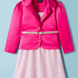 Hola Bonita Woven Mesh Glitter Solid Party Dress & Three Fourth Sleeves Satin Jacket With Belt - Fuchsia-picture-17