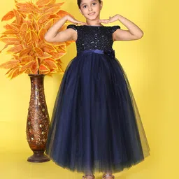 Toy Balloon Kids Net Woven Cap Sleeves Floral Applique Detailed Sequins Embellished Gown - Navy Blue-image-55