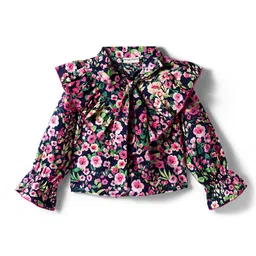 CrayonFlakes Cotton Woven Full Sleeves Floral Printed Frilled Detailed Top - Navy Blue-image-31