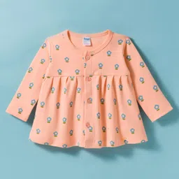 Tango Interlock Knit Full Sleeves Front Open Frock with Floral Print - Peach-picture-28