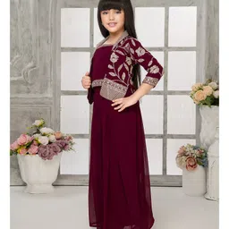 Tiny Kingdom Georgette Floral Embroidered Top Palazzo With Three Fourth Sleeves Jacket Set - Wine image 5