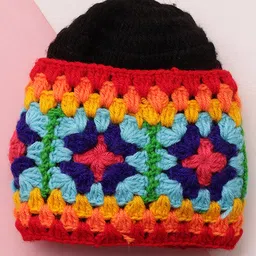 MayRa Knits Hand Knitted Woven Pack Of 2 Burger & Abstract Designed Solid Crochet Caps With Detachable Headband - Black & Beige - Circumference 28 Cm image 4