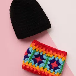 MayRa Knits Hand Knitted Woven Pack Of 2 Burger & Abstract Designed Solid Crochet Caps With Detachable Headband - Black & Beige - Circumference 28 Cm image 5