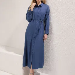 Trendyol Solid Shirt Collar Tie-Ups Detail Shirt Maxi Dress-picture-39