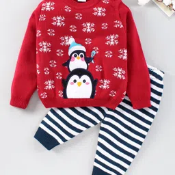 Babyhug Full Sleeves Sweater Set Penguin Print - Red-picture-12