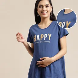 Bella Mama Half Sleeves Maternity Tee with Side Panels Happy  Print - Blue-picture-15