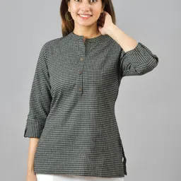 ETC X D To D Life Style Checked Cotton Mandarin Collar Top-picture-46
