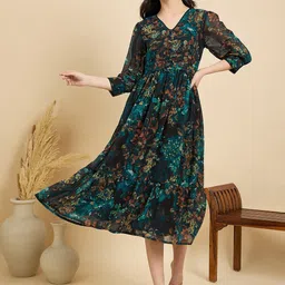 ZUMMER Floral Print Georgette Fit & Flare Midi Dress image 3