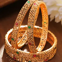 Rubans Set of 2 22K Gold-Plated Antique Bangles with Ruby Red & Emerald Green Stones-picture-3