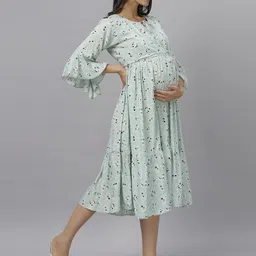 Mammas Maternity Ethnic Motifs Print Keyhole Neck Bell Sleeve Maternity A-Line Midi Dress image 2