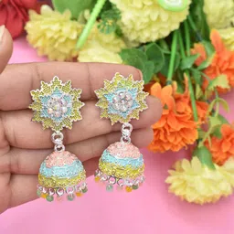 MEIRA JEWELLERY Artificial Stones Studded & Beaded Dome Shaped Jhumkas-picture-39