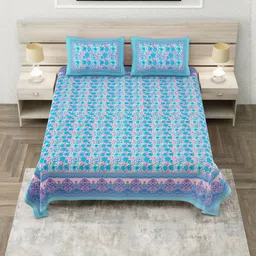 SP DESIGNS Blue & Pink Floral Pure Cotton 240 TC Super King Bedsheet Set-2.74 m X 2.74 m-image-71