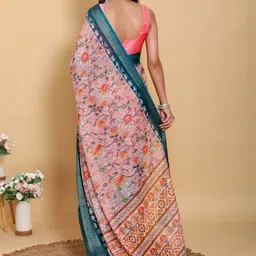 Suraj pari singh Pure Linen Floral Printed Woven Design Zari Saree With Blouse Piece image 3
