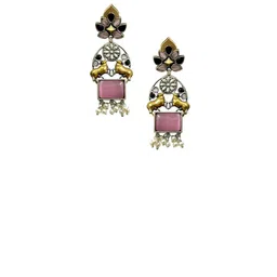 NAMAN ARTS Silver-Plated Artificial Stones Studded And Beaded Contemporary Drop Earrings image 3