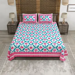 CLOTHOLOGY White & Blue Floral 180 TC King Bedsheet with 2 Pillow Covers image 4