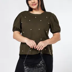 Honey Curvytude by Pantaloons Women Embellished Print Puff Sleeve Cotton Top-picture-23