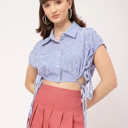 DressBerry Trendsetter Seersucker Striped Extended Sleeve Crop Shirt-Style Top image 2