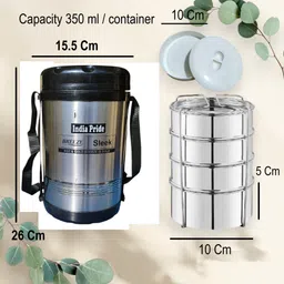 india pride Steel Sleek 4+1 Hot Tiffin, 4+1 Containers- 350 ml x 4 Containers , net 5 Containers Lunch Box image 4