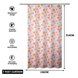Kuber Industries Orange & Transparent 3 Pieces Floral Printed Shower Curtain With Rings image 2