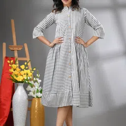 Charukriti Striped Cotton A-Line Midi Ethnic Dresses-picture-17