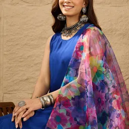 InWeave Women Solid A-Line Kurta with Trousers & Dupatta image 4