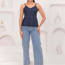 SZN Women Navy Blue Cotton Printed Tops-picture-1