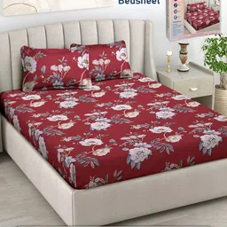 FABINALIV Maroon & Blue Floral 300 TC King Bedsheet with 2 Pillow Covers-image-11