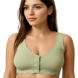 Blush Lado Women Green Scallop-Edge Button Front Ribbed Full Coverage Lightly Padded Bra-picture-17