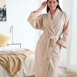 MYTRIDENT Unisex Beige Colored 240 GSM Pure Cotton Bath Robe-image-51