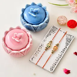 Aapno Rajasthan Set Of 2 Beaded Rakhi With Butterfly Container Greeting Card & Roli Chawal-picture-26