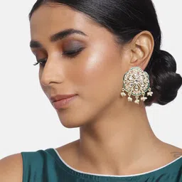I Jewels Green Gold-Plated Kundan Studded Enamel Floral Drop Earrings-picture-21