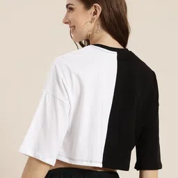 HERE&NOW Colourblocked & Typography Printed Drop-Shoulder Pure Cotton Boxy Crop T-shirt image 3