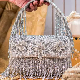 NR BY NIDHI RATHI Silver Floral Patch Embellished Shimmer Flap Bag Clutch-image-39
