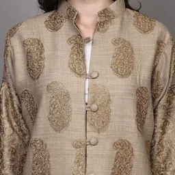 Exotic India Women Floral Woollen Longline Open Front Jacket with Embroidered image 3