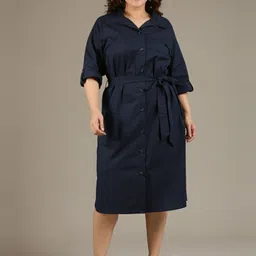 The Pink Moon Women Navy Cotton Shirt Collar Roll-Up Sleeves Belted Detail Shirt Dress-image-53