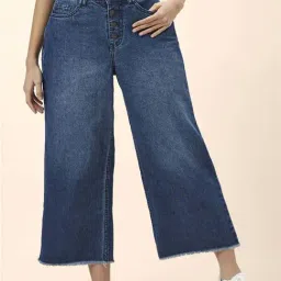 People by Pantaloons Blue Cotton Mid Rise Flared Jeans-picture-25