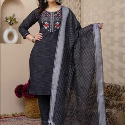 Auzanoor Collection Round Neck Pure Cotton Straight Kurta with Trousers & Dupatta-image-45