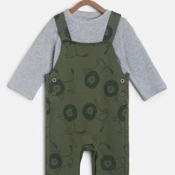 MINIKLUB Kids Olive & Grey Printed Full Sleeves T-Shirt With Dungree-picture-28