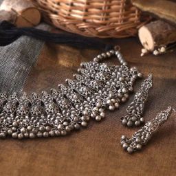 Teejh Anay Antique Silver Polish Choker Necklace & Earrings Set-picture-32