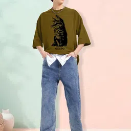 AUSK Graphic Printed Round Neck Drop Shoulder Sleeves Oversized Pure Cotton T-shirt image 4