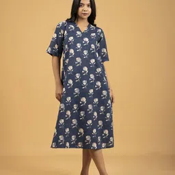 SPARSA Floral Printed V-Neck Pure Cotton A-Line Midi Dress-picture-29