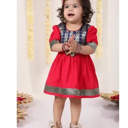 VASTRAMAY SISHU Half Sleeves Floral Woven Design & Lace Embellished Ethnic Dress - Red And Navy Blue-picture-19
