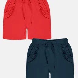 Kiddopanti Pack Of 2 Frill Detailed Solid Shorts - Red & Navy Blue image 1