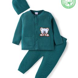 Babyhug Knitted Full Sleeves Front Open Sweater Set with Cap & Teddy Embroidery - Teal Blue-image-129