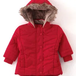 Babyhug Woven Full Sleeves Solid Colour Padded Hooded Winter Jacket with Pockets - Red-picture-32