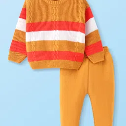 Doodle Poodle Knitted Full Sleeves Striped Sweater Set with Cable Knit Design - Mustard-picture-17